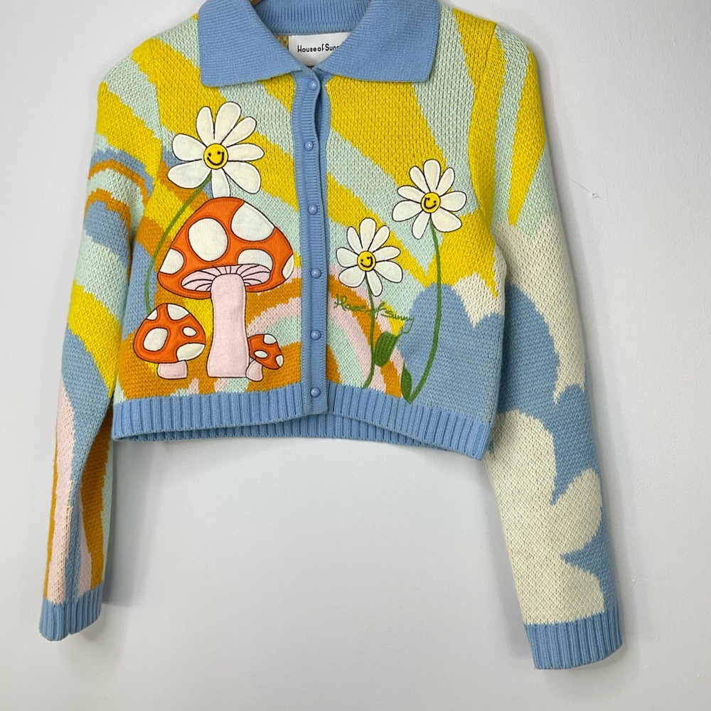 House of Sunny Mushroom Floral Cropped Cardigan Size 8 - Picture 6 of 12